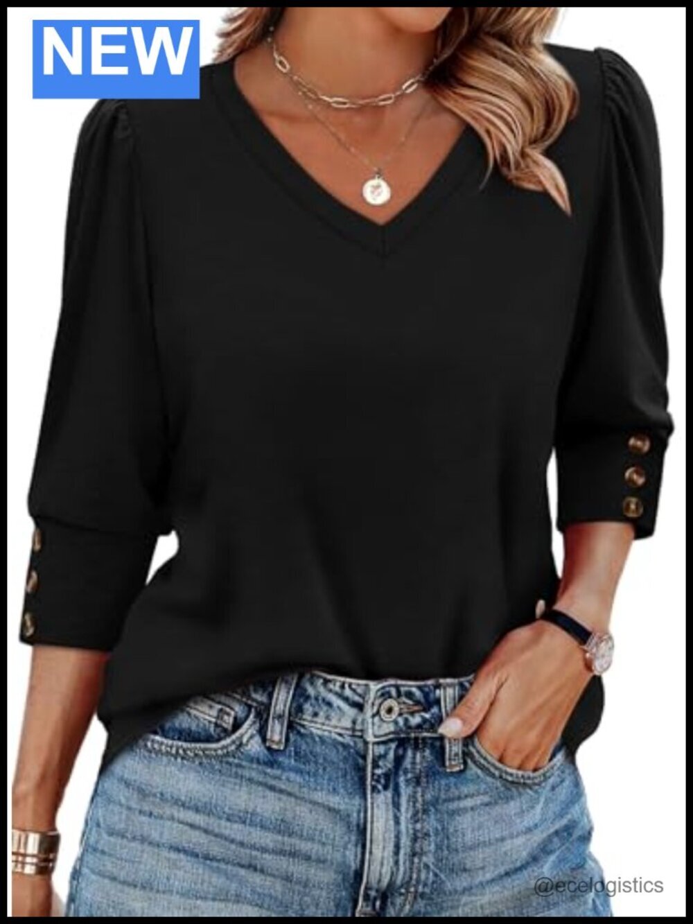 3/4 Sleeve V-Neck Blouse with Buttons - Tunics for Women - Casual Summer Tops